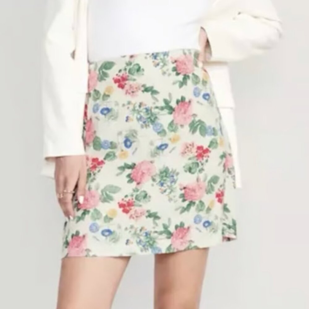 NWT Old Navy Linen Blend High Waisted Mini A-line Skirt, sz Medium, Floral Print